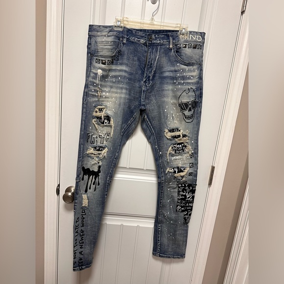 Smoke Rise Denim Distressed Paint Splatter Rip & Repair 36/32 - Picture 1 of 9